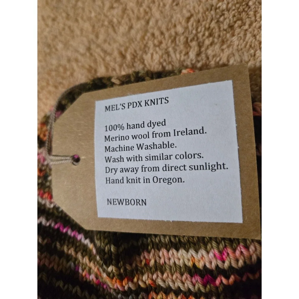 Mel's PDX Knits Newborn Beanie Hand Knit 100% Merino Wool Green Pink Variegated